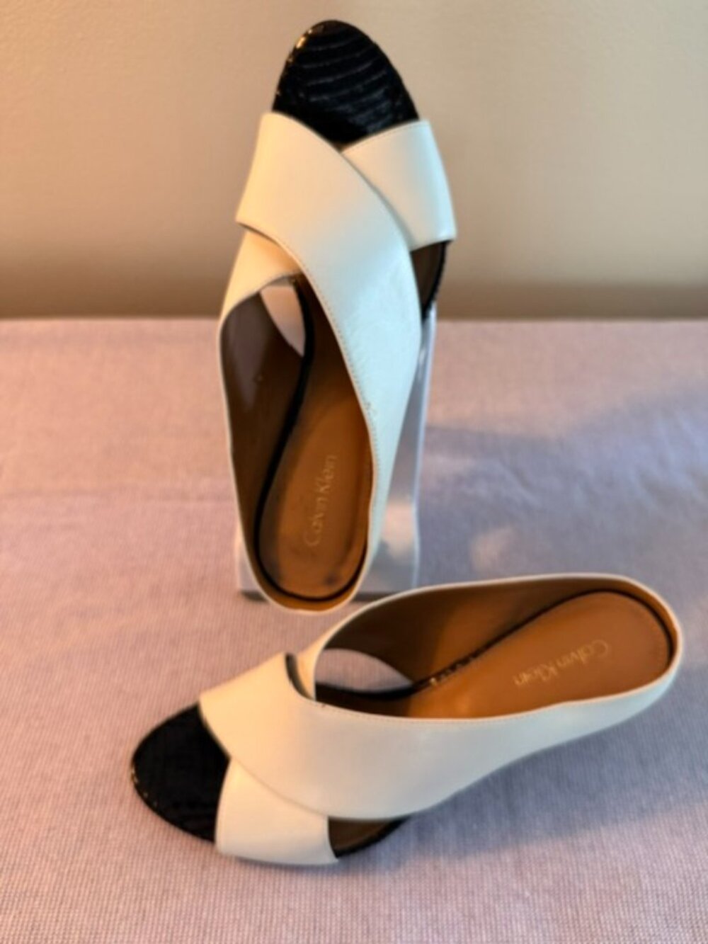 Calvin Klein White & Black Leather Heels Sandals Size 8